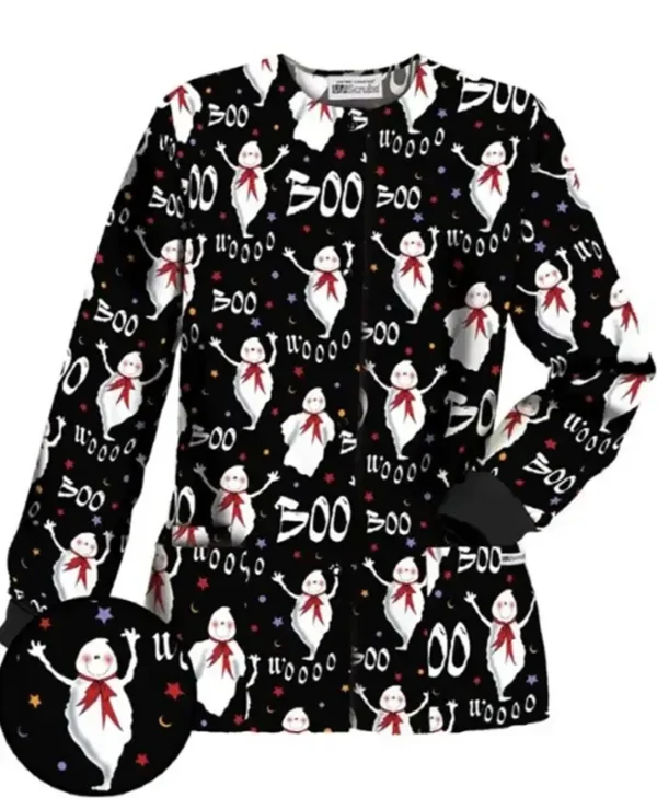 Boo Wooo Black Halloween Scrub Jacket