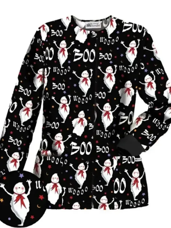 Boo Wooo Black Halloween Scrub Jacket