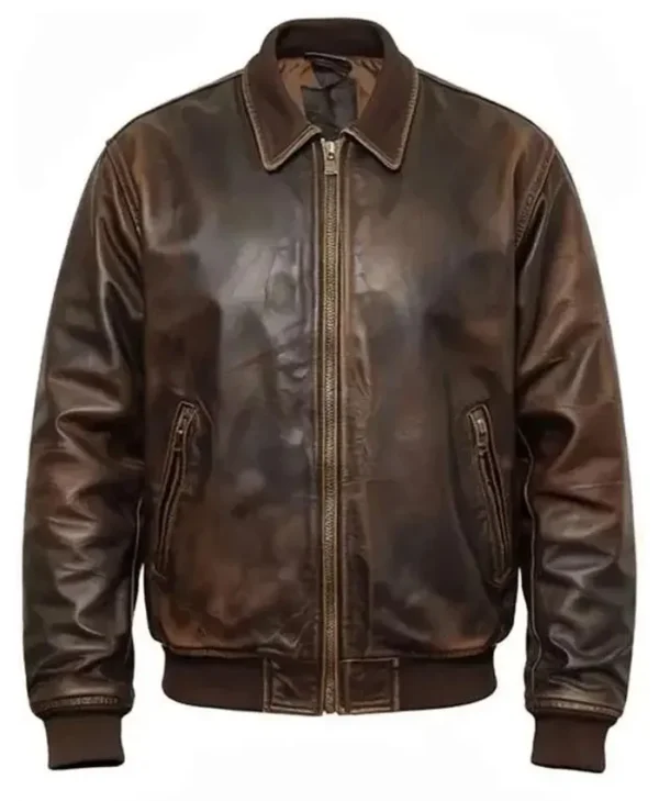 Brown Leather Skull Printed Jacket