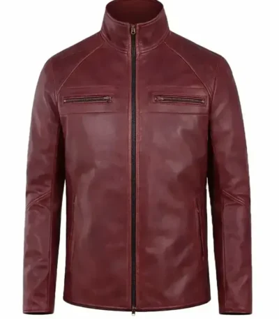 Burgundy Leather Cafe Racer Jacket