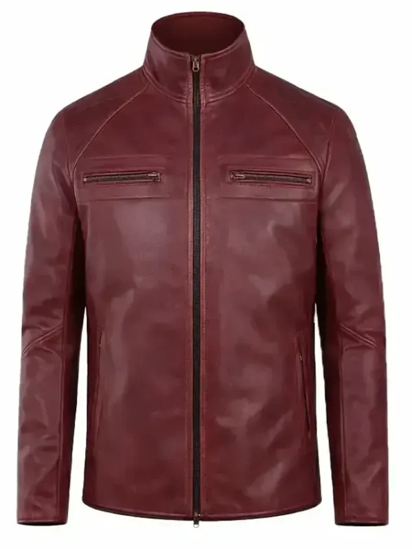 Burgundy Leather Cafe Racer Jacket