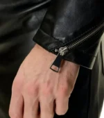 Black Cafe Racer Leather Jacket with Double Zipper