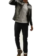 Black Leather Racer Jacket with Double White Lines