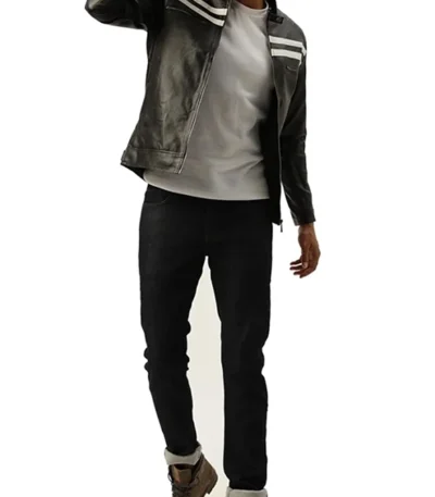 Black Leather Racer Jacket with Double White Lines