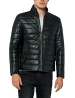 Black Quilted Leather Puffer Jacket