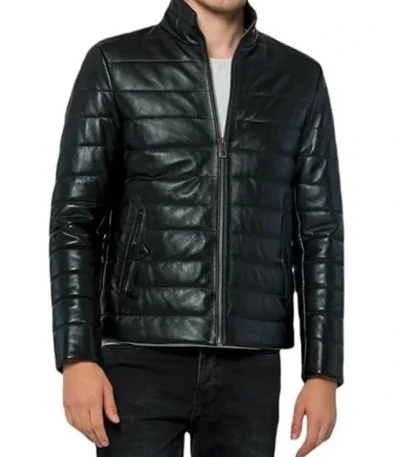 Black Quilted Leather Puffer Jacket