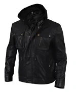 Men’s Brando Style Black Leather Hooded Motorcycle Jacket