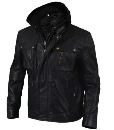 Men’s Brando Style Black Leather Hooded Motorcycle Jacket