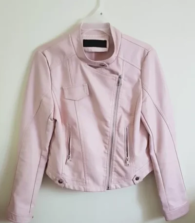 Casual Spring Slim Ladies Pink And White Leather Jacket