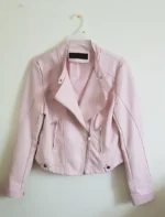 Casual Spring Slim Ladies Pink And White Leather Jacket