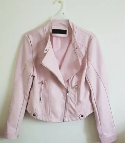 Casual Spring Slim Ladies Pink And White Leather Jacket