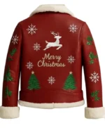 Christmas Reindeer Embroidered Red Leather Jacket