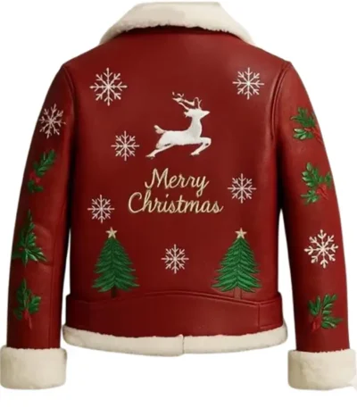 Christmas Reindeer Embroidered Red Leather Jacket