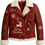 Christmas Reindeer Embroidered Red Leather Jacket