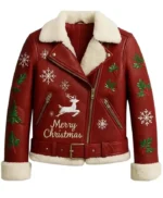 Christmas Reindeer Embroidered Red Leather Jacket