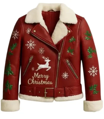 Christmas Reindeer Embroidered Red Leather Jacket