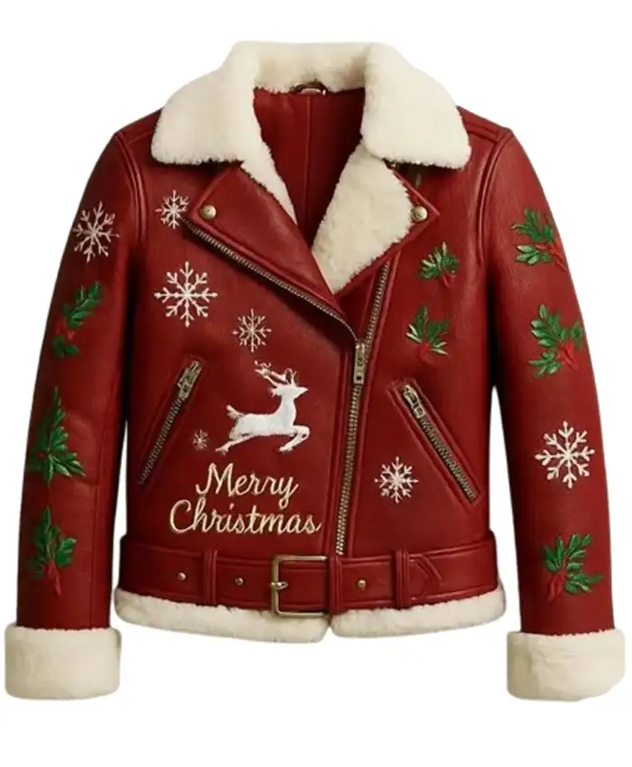 Christmas Reindeer Embroidered Red Leather Jacket Christmas Reindeer Embroidered Red Leather Jacket