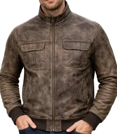 Clark Vintage Distressed Brown Leather Men’s Bomber Jacket