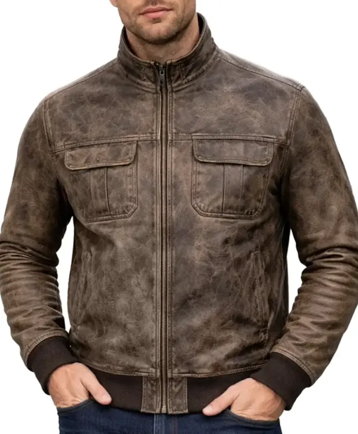 Clark Vintage Distressed Brown Leather Men’s Bomber Jacket Clark Vintage Distressed Brown Leather Men’s Bomber Jacket