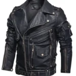 Classic Black Biker Leather Jacket with Multi Pockets