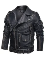 Classic Black Biker Leather Jacket with Multi Pockets