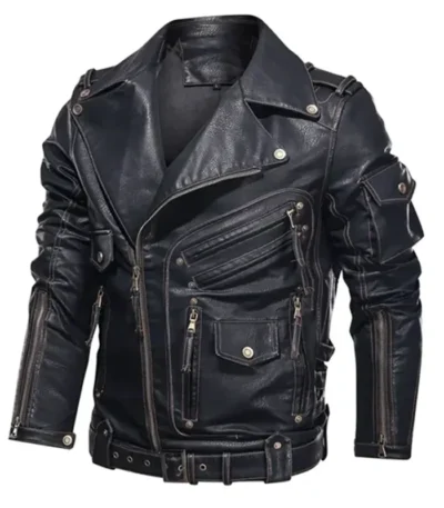 Classic Black Biker Leather Jacket with Multi Pockets