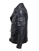 Classic Black Biker Leather Jacket with Multi Pockets