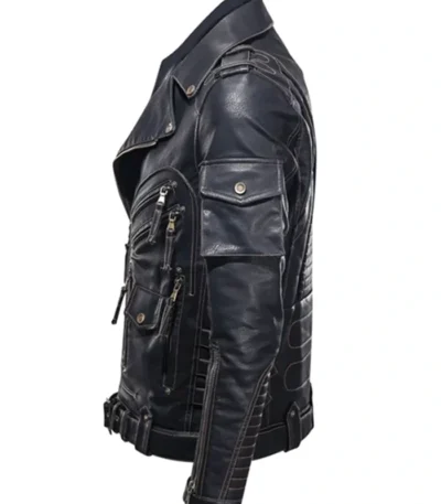 Classic Black Biker Leather Jacket with Multi Pockets