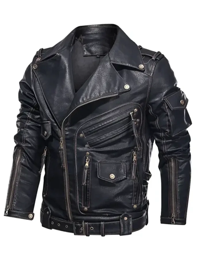 Classic Black Biker Leather Jacket with Multi Pockets Classic Black Biker Leather Jacket with Multi Pockets