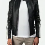 Classic Black Cafe Racer Leather Jacket with White Shoulder Stripes