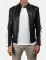 Classic Black Cafe Racer Leather Jacket with White Shoulder Stripes