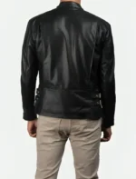 Classic Black Cafe Racer Leather Jacket with White Shoulder Stripes