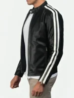 Classic Black Cafe Racer Leather Jacket with White Shoulder Stripes