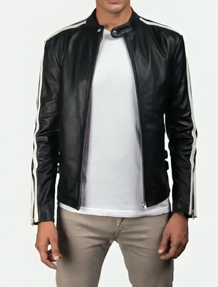 Classic Black Cafe Racer Leather Jacket with White Shoulder Stripes Classic Black Cafe Racer Leather Jacket with White Shoulder Stripes