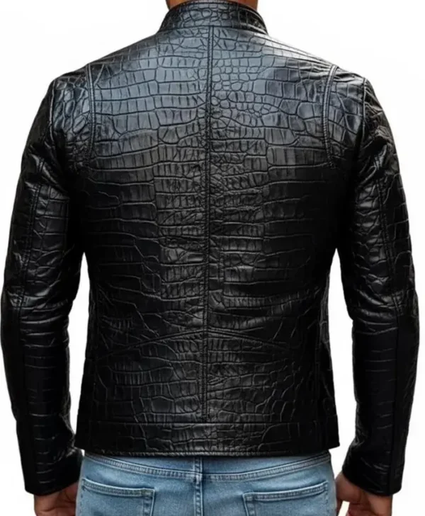 Black Crocodile Pattern Leather Jacket