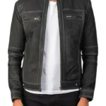 Classic Black Leather Cafe Racer Jacket with Zipper