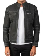 Classic Black Leather Cafe Racer Jacket with Zipper