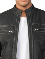 Classic Black Leather Cafe Racer Jacket with Zipper