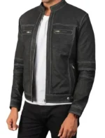 Classic Black Leather Cafe Racer Jacket with Zipper