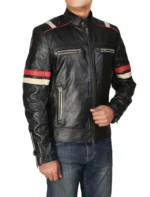 Classic Black Racer Jacket with Bold Red Stripes