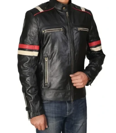 Classic Black Racer Jacket with Bold Red Stripes