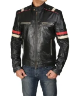Classic Black Racer Jacket with Bold Red Stripes