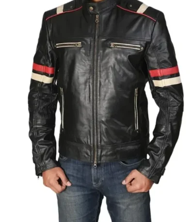 Classic Black Racer Jacket with Bold Red Stripes