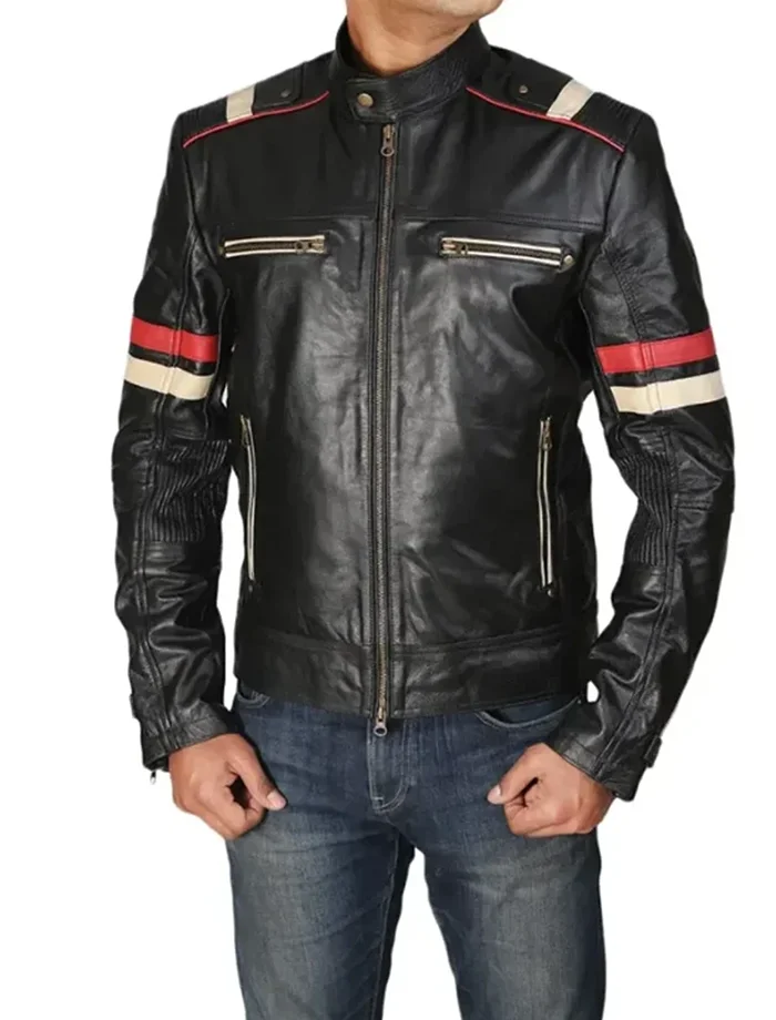 Classic Black Racer Jacket with Bold Red Stripes Classic Black Racer Jacket with Bold Red Stripes
