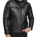 Classic Black Stand Collar Leather Jacket with Zipper