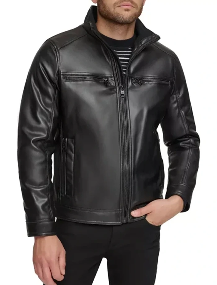 Classic Black Stand Collar Leather Jacket with Zipper Classic Black Stand Collar Leather Jacket with Zipper