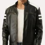 Classic Black and White Striped Leather Racer Jacket
