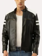 Classic Black and White Striped Leather Racer Jacket