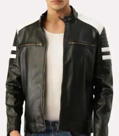 Classic Black and White Striped Leather Racer Jacket