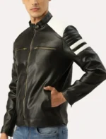 Classic Black and White Striped Leather Racer Jacket